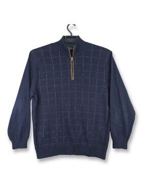 Men Alan Flusser Navy Blue Grid Plaid 1/4 Zip Pullover Cotton Sweater Size XL